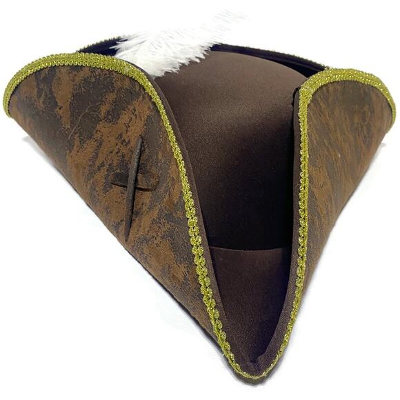 Cos Play Tri Corner Men's Hat Brown Trimmed in Gold w/White Accent Feather - Picture 1 of 8